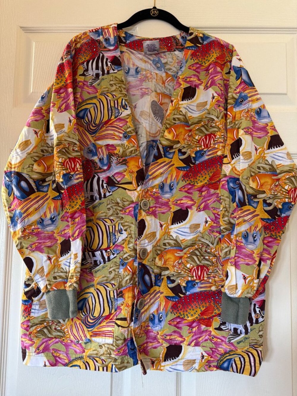 Colorful Fish Print S.C.R.U.B.S.  unisex Jacket 100% Cotton Medium Button-Up Mad